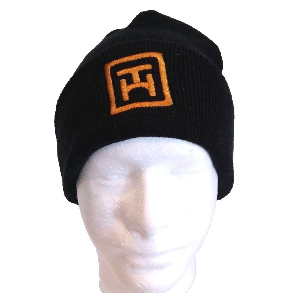 Tommy Hilfiger Black Knit Beanie Hat‎ with Embroidered "TH" logo in a Gold Hue.